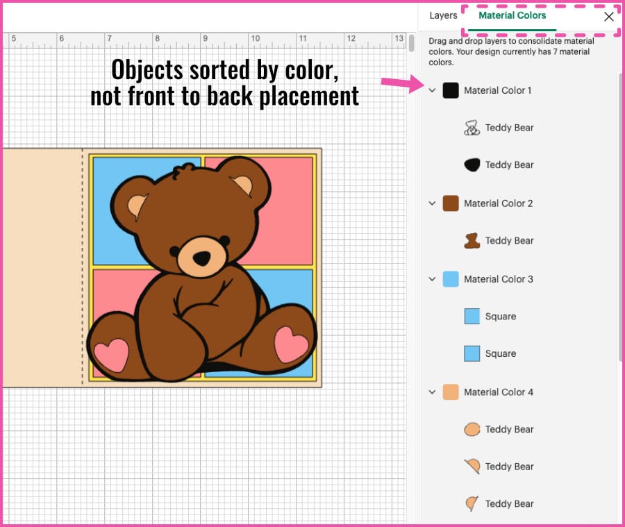 screenshot showing the material colors tab of the layers panel in cricut design space