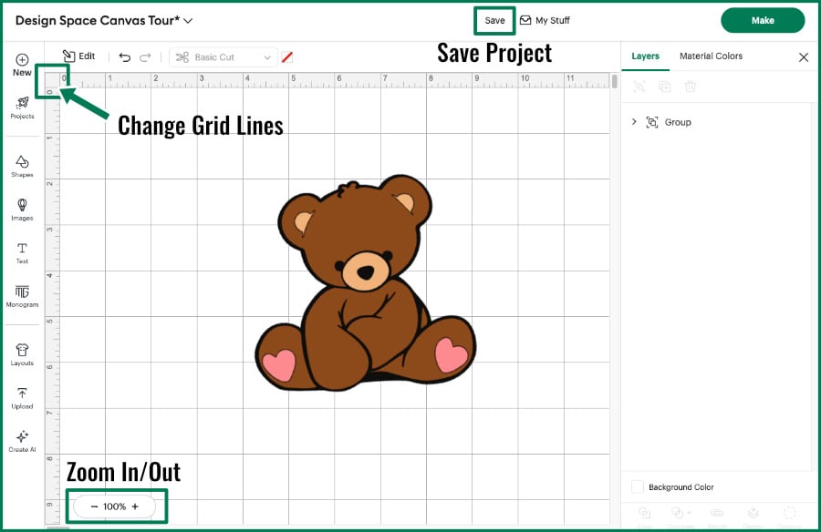 screenshot of the cricut design space canvas showing how to change grid lines, zoom in and out, and save a project