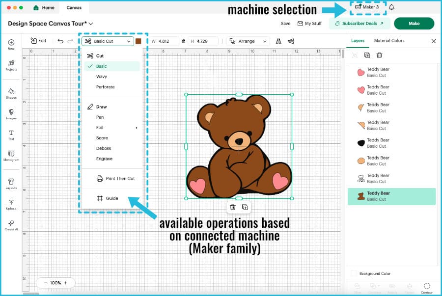 design space canvas screenshot showing the compatible operations available when the Maker machine is selected and/or connected