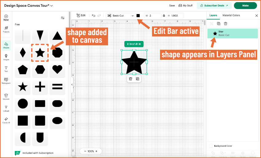 screenshot of adding shape to cricut design space canvas using shapes menu in Design Panel