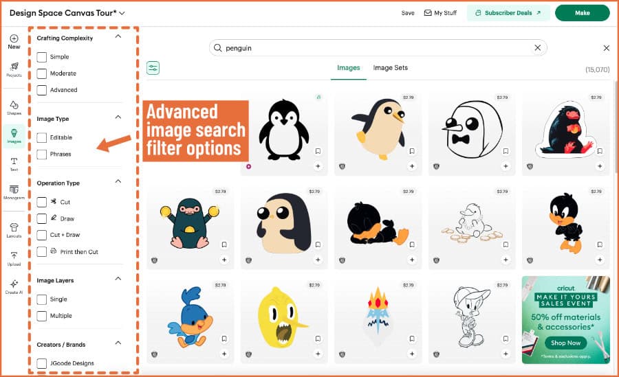 screenshot of design space showing adding images from the image library, using advanced search, filters highlighted