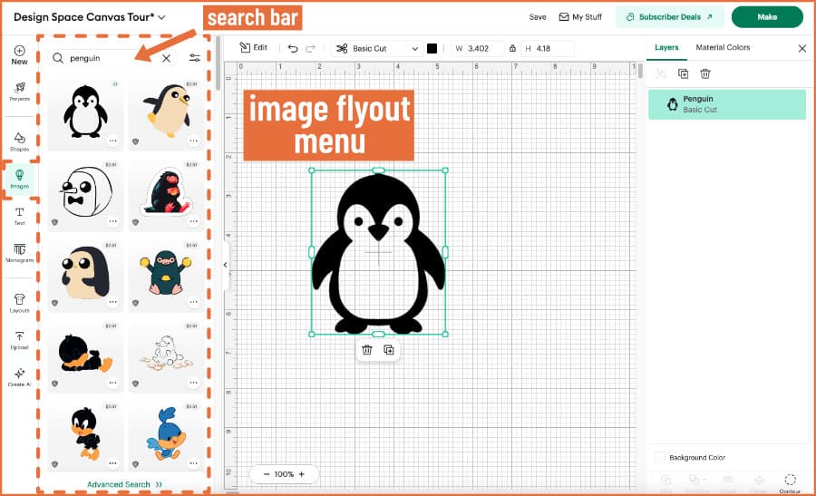 screenshot showing image flyout menu as part of the design panel in cricut design space canvas