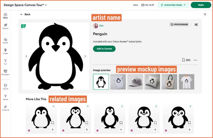 screenshot of information page for a specific image in the cricut design space image library (for an image of a penguin)
