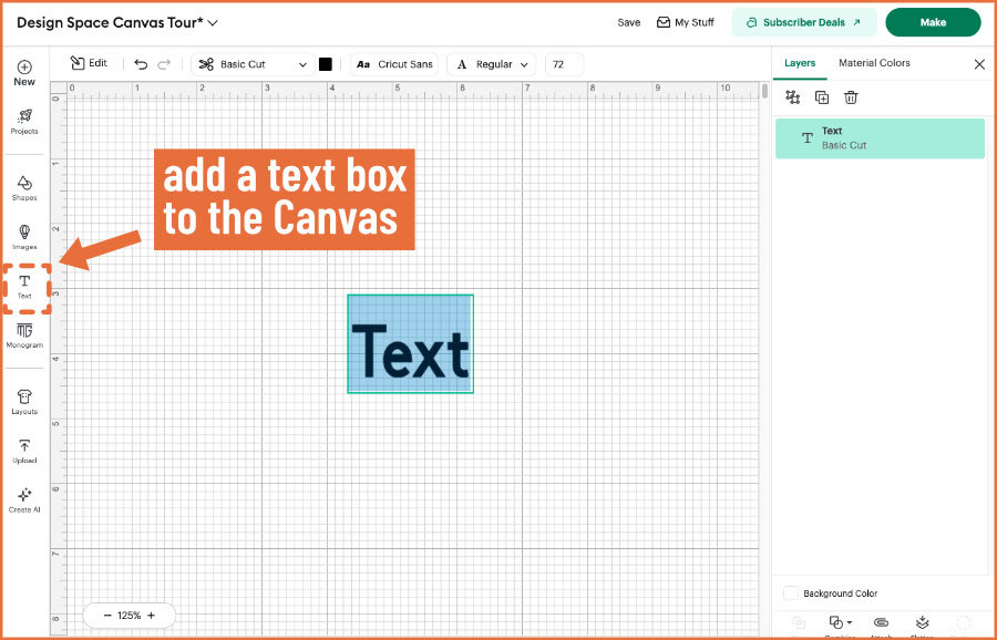 creenshot of adding text to the design space canvas by clicking the text icon in the design panel
