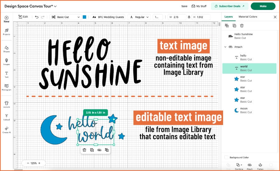 screenshot of designed text as part of an image, and editable text from the cricut image library