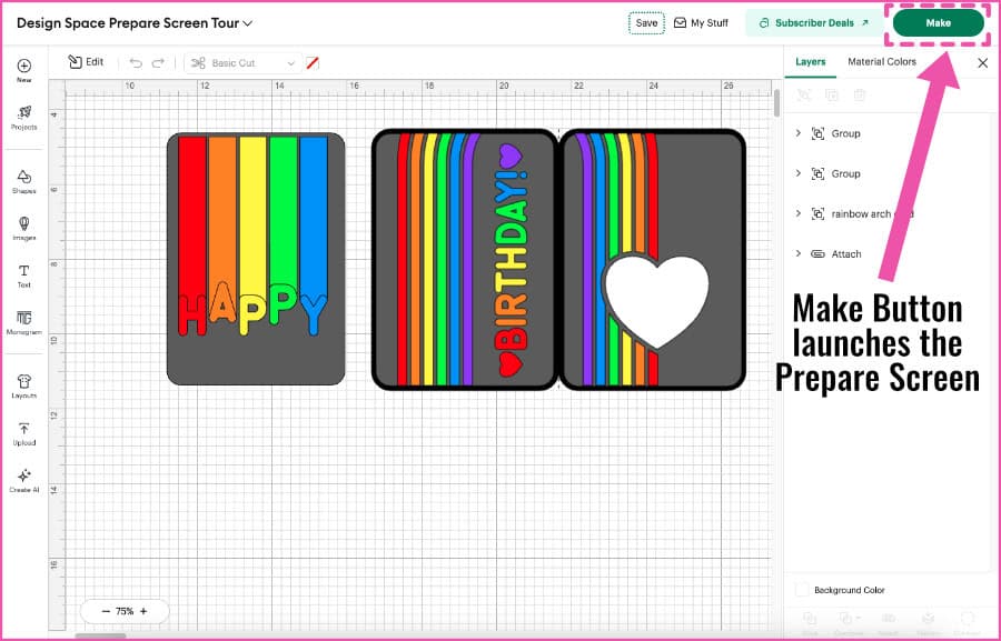 screenshot of Design Space Canvas highlighting the Make button, which launches the Prepare screen and mat preview when clicked
