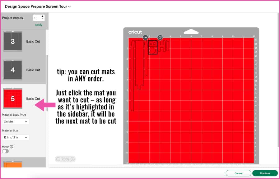 screenshot of the Design Space Prepare page showing how mat cutting order can be changed by simply choosing different mats in the cutting queue