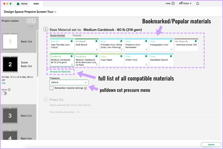 Design Space Make screen annotated to show the default selection of bookmarked materials available, plus links to the full list of available cutting material settings and the pulldown cut pressure selection menu