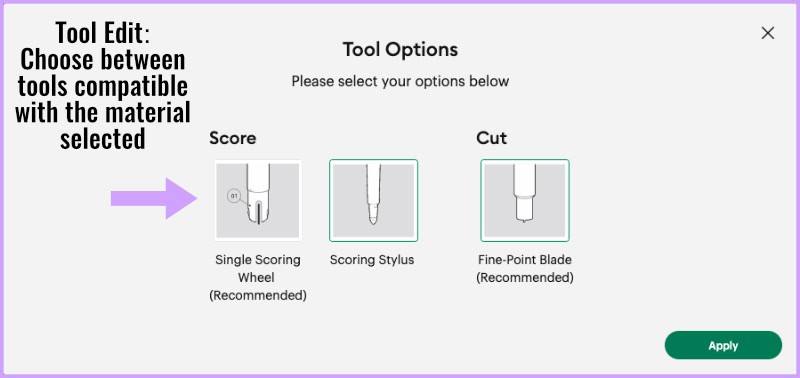 annotated screenshot showing the Edit Tool option. The tool options are based on compatibility with the selected material