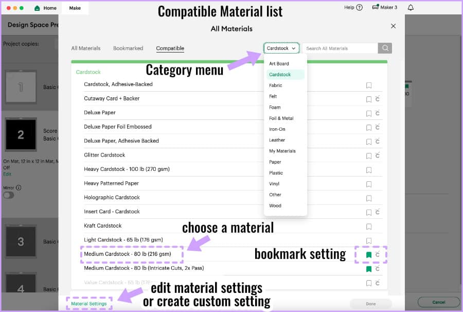 screeenshot of the Design Space materials list, annotated to chow the material category option, bookmark checkbox and the link to edit or create a new cut setting