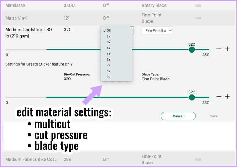 screenshot of the Edit Settings window inside Design Space. Noted items include the multicut settings menu, the cut pressure selector, and the default tool selector