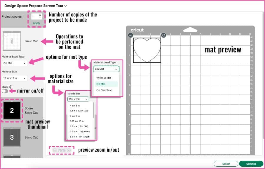 annotated screenshot of the Design Space Prepare screen