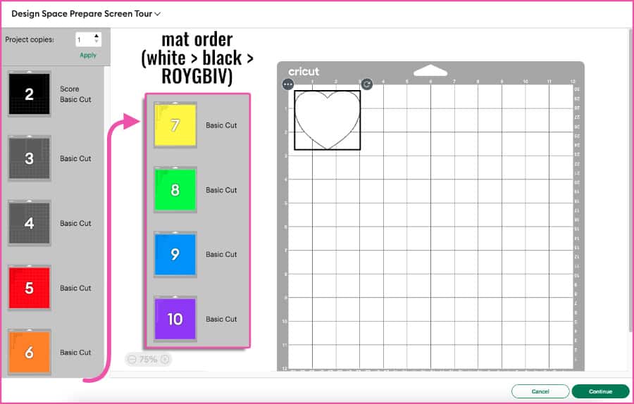 annotated screenshot showing the mat order of the Design Space Prepare screen