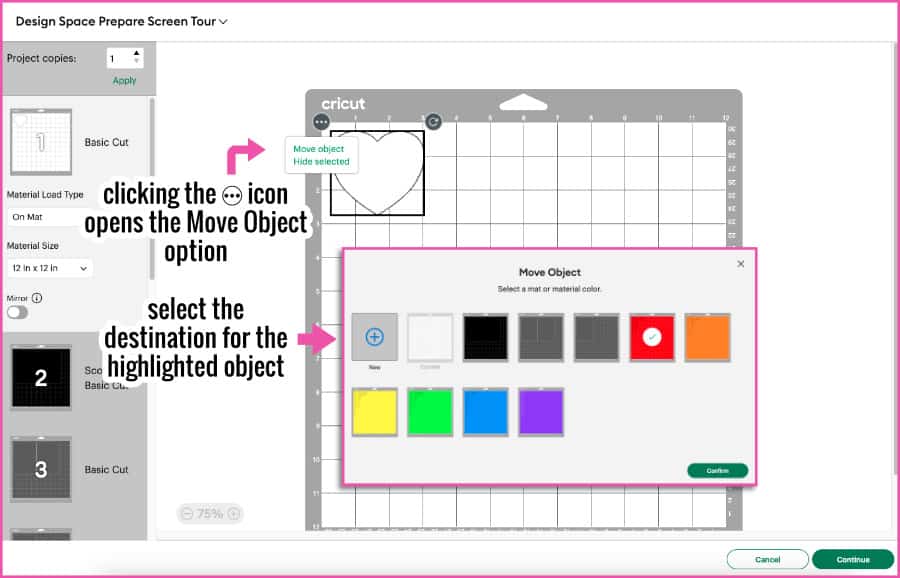 Design Space screenshot showing the option to move objects from one mat to another color mat on the prepare screen