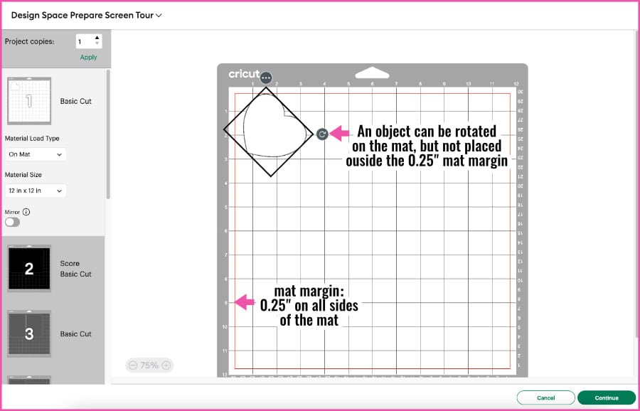 Screenshot of the Design Space prepare screen, demonstrating how an object can be rotated on a mat, but it cannot be moved beyond the default quarter inch margin around the edge of the mat