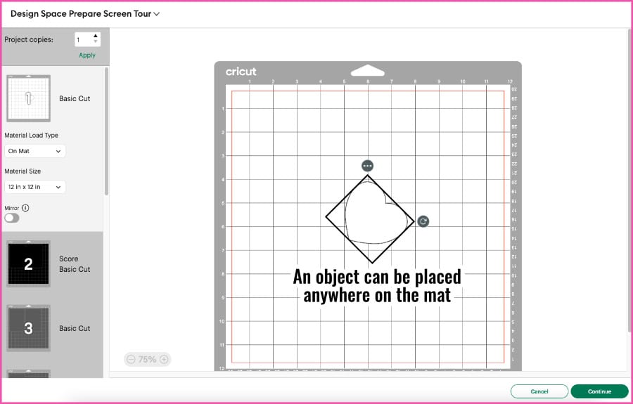 screenshot of the Design Space Prepare screen demonstrating how an object can be moved anywhere on a mat in preparation for cutting