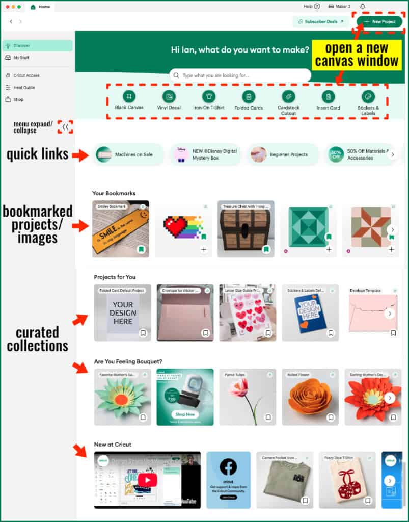 annotated screenshot of the Design Page home page, highlighting new project templates, quick links and curated collections of ready to make projects.