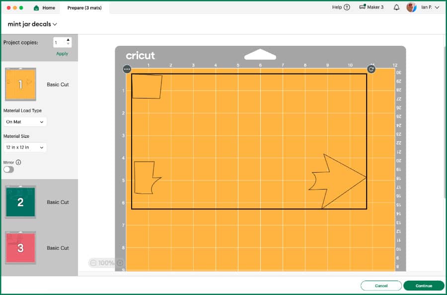 screenshot of the prepare (mat preview) screen of design space, showing yellow mat with arrow part of candy jar design