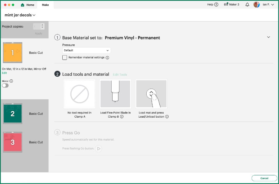 screenshot of make screen (set, load, & go screen) from cricut design space showing selected material and tool for yellow mat