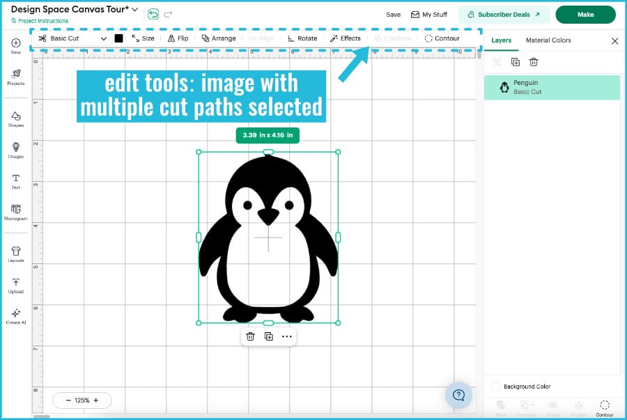 screenshot of edit tools available in the edit bar when a shape with interior cut lines is selected on the design space canvas