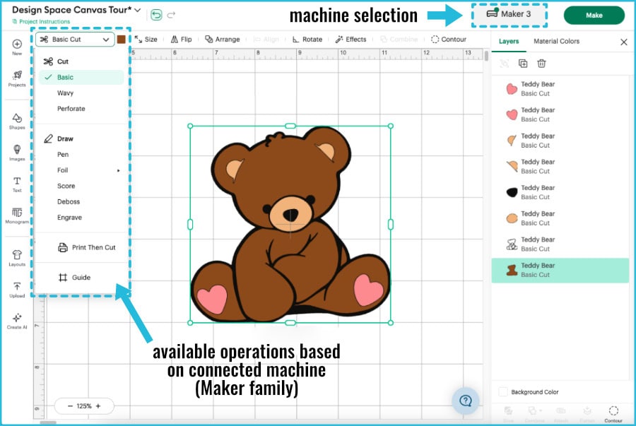 design space canvas screenshot showing the compatible operations available when the Maker machine is selected and/or connected