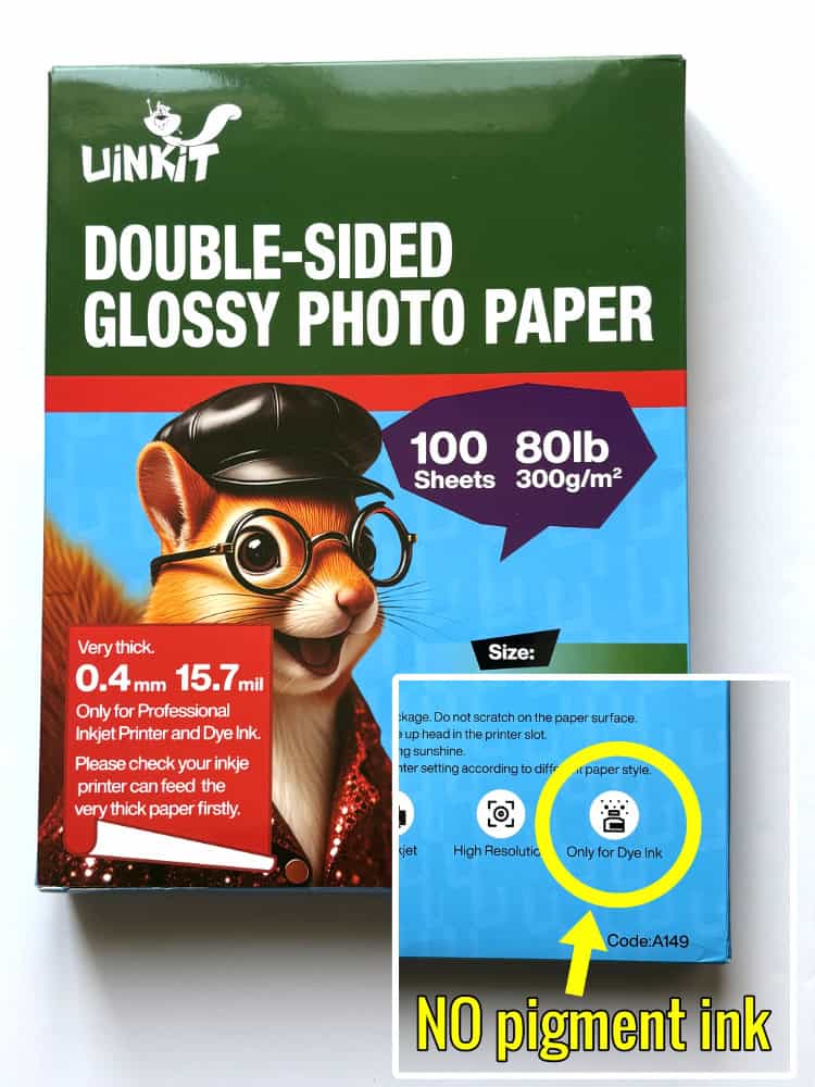image of glossy photo paper purchased from Amazon that is not suitable for pigment-based ink