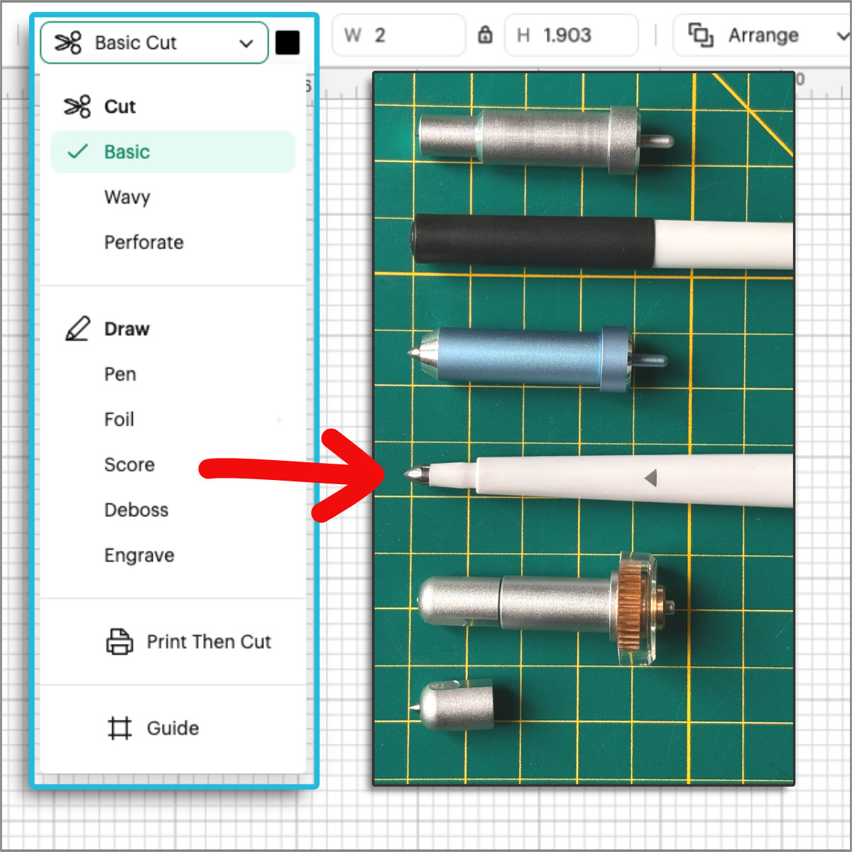 screenshot of the cricut design space operations menu set against a split screen photo of various Cricut tools and blades lined up in the same order as the menu item list