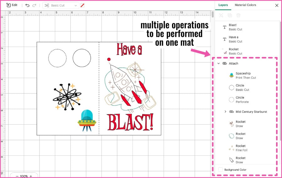 screenshot of the Design Space Canvas highlighting various operation types in the Layers Panel