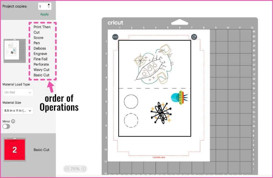 screenshot of the Design Space Prepare screen that highlights the order of Operations that will be performed by the Cricut machine