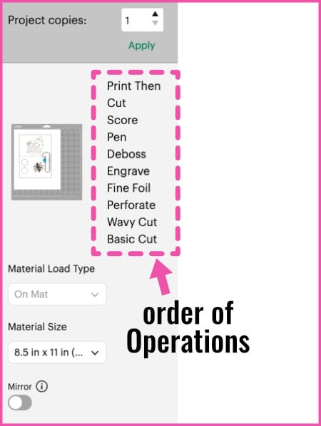 screenshot of the Prepare screen of Cricut Design Space showing all the operations of a mat listed next to it, in order of execution