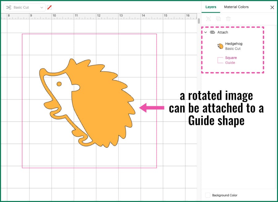 screenshot of the design space canvas showing a rotated image of a hedgehog Attached to a guide square