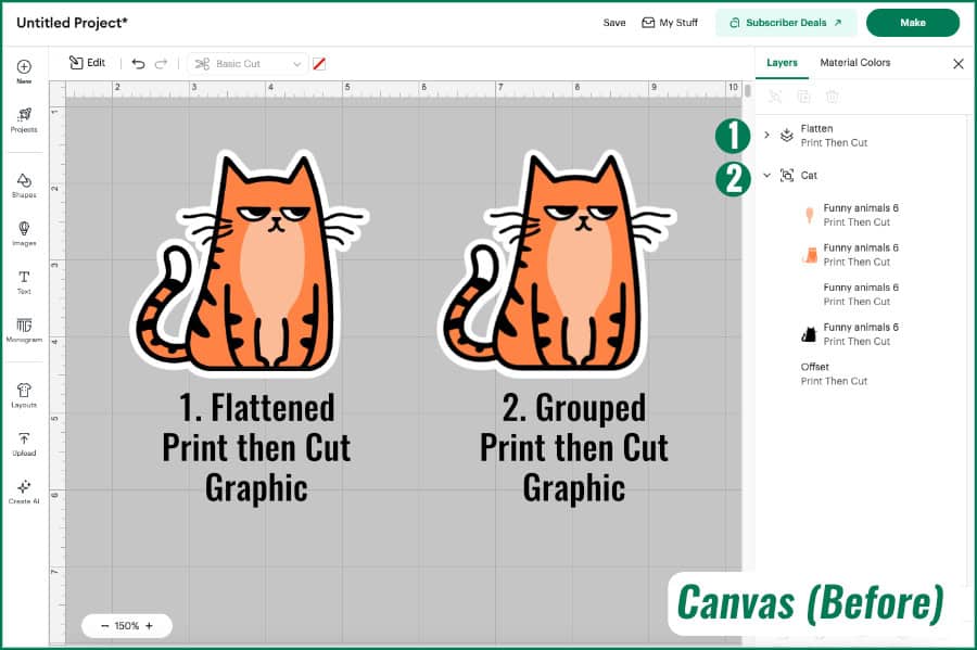 Design Space screenshot showing the same print and cut graphic using the Flatten tool next to an identical version organized with the Group tool.