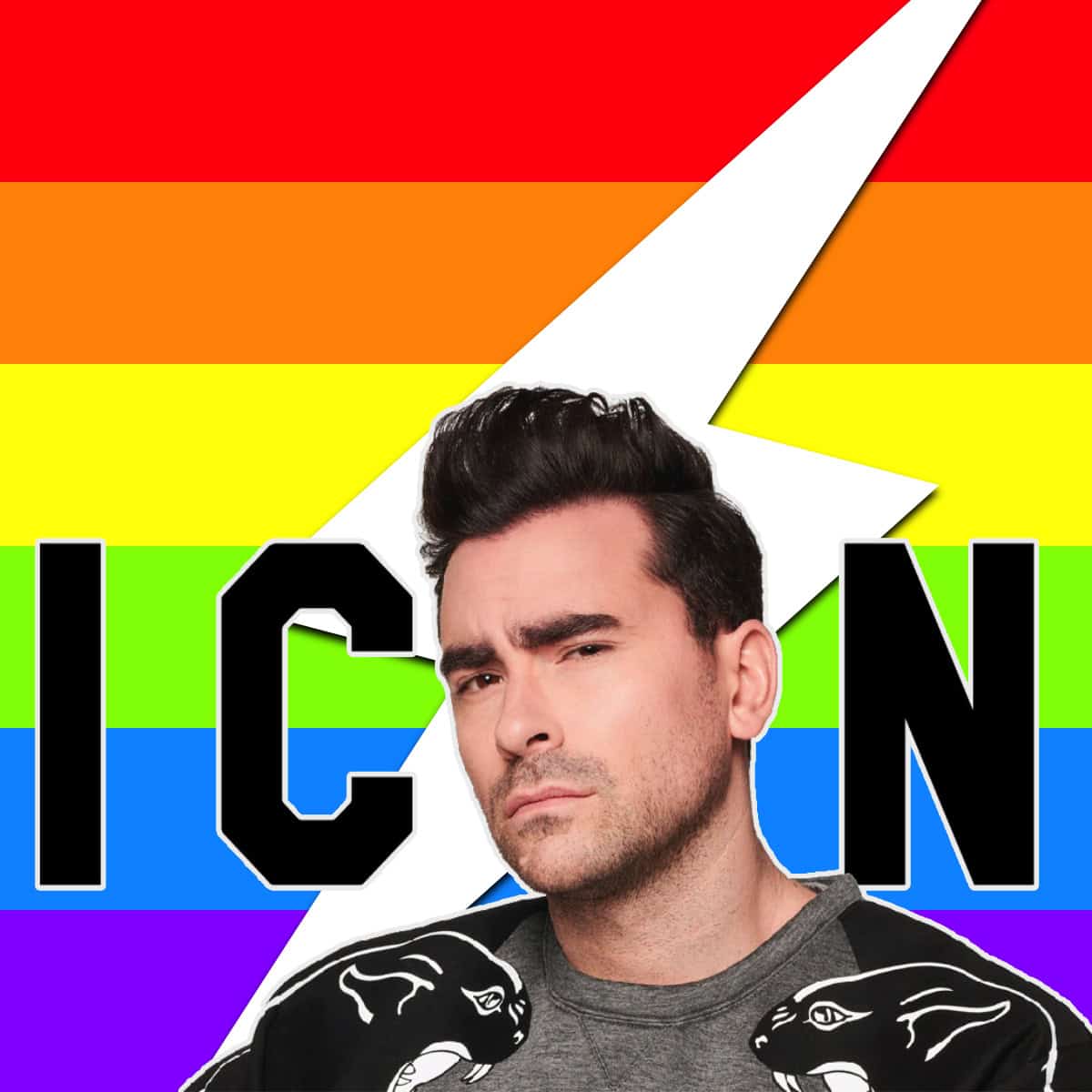photo of Dan Levy aka David Rose set against text proclaiming his ICON status and his signature lightning bolt on a rainbow background