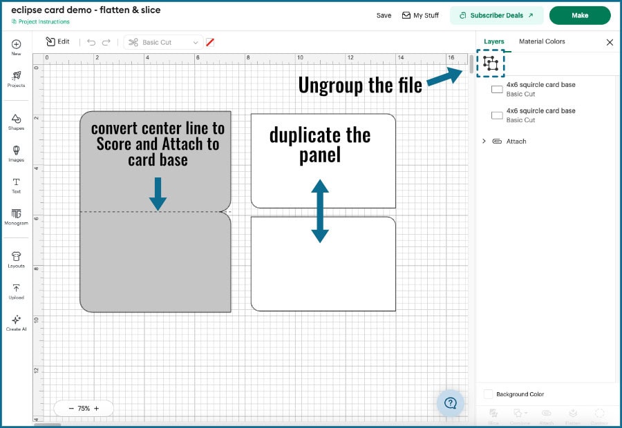 screenshot of cricut design space canvas showing uploaded 4x6" card base + inside panel. Once the card base and panel file is uploaded, it needs to be ungrouped, then the panel duplicated and the center line of the card base converted to a score line and Attached.
