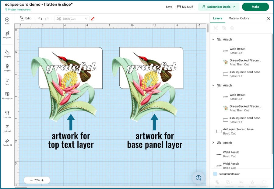 design space screenshot showing technique for eclipse cards made from flattened images using the material saving method. Step 1 is to arrange text, image, and front panel shape together and Attach, then duplicate the whole Attach group.