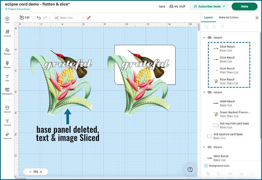 screenshot showing step 2 of creating eclipse cards with flattened images in design space the material-saving way. The base panel is deleted from the first Attach group, and the text and image are sliced.
