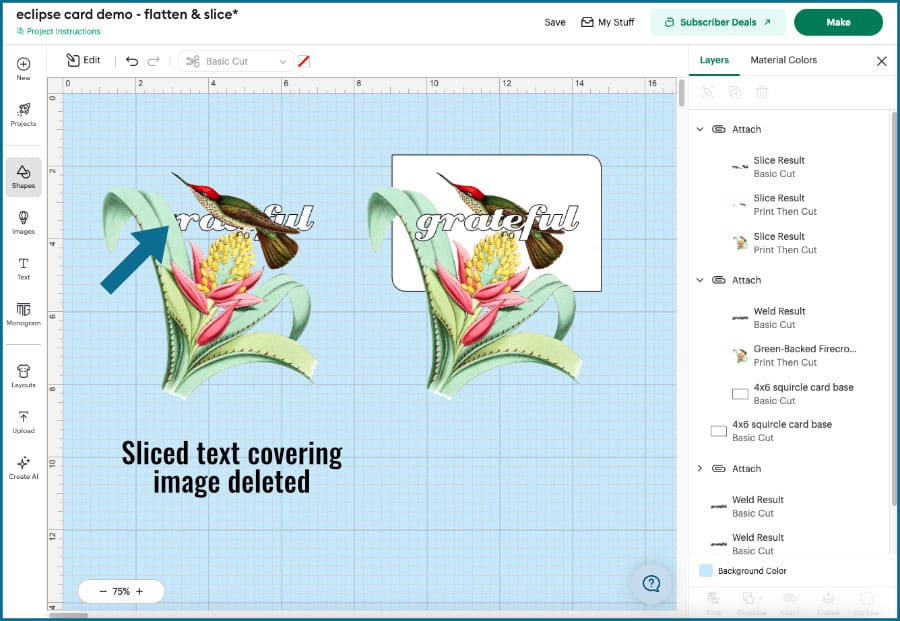 screenshot showing sliced text and image from first attach group, "thankful" is sliced with an image of a hummingbird