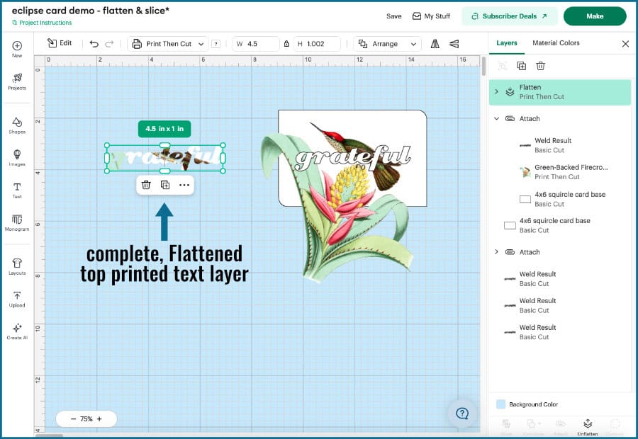 screenshot showing sliced image + text with everything but the printed + white text deleted. The pieces of text are flattened, creating a single print then cut layer