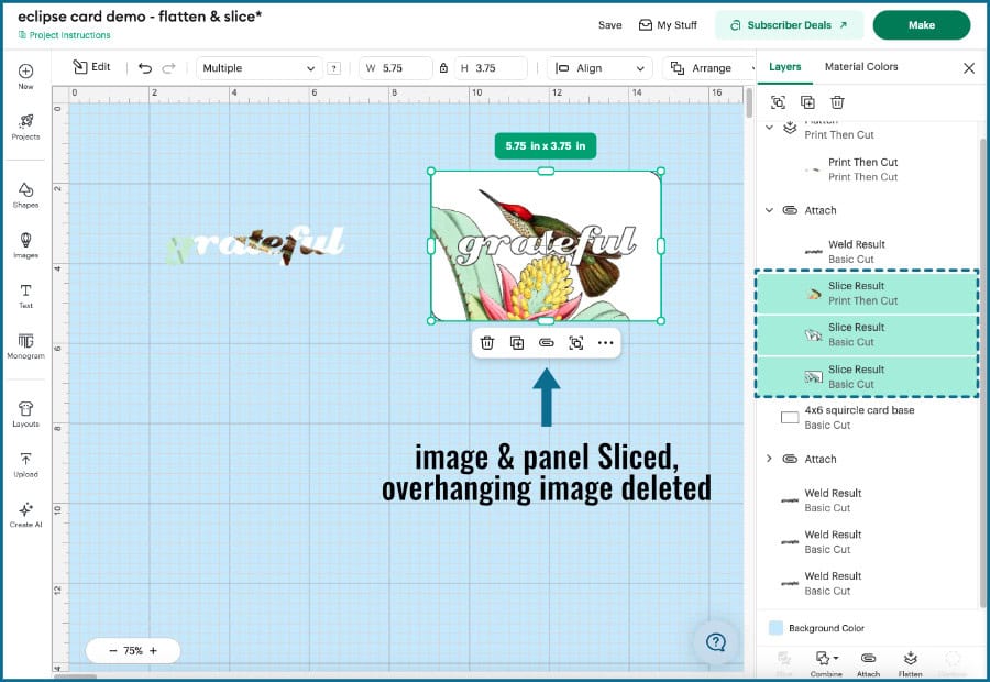 screenshot showing the slicing of the base panel and image to create the base placement panel for the eclipse card, material saving method.