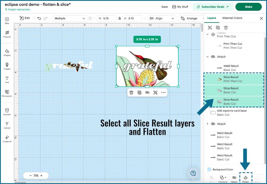 screenshot showing which Slice Result layers (shown in layers panel) need to be flattened to create the base panel image for an eclipse card, material saving method
