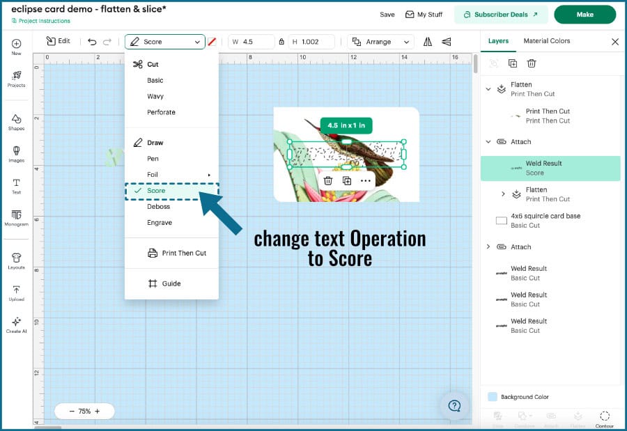 design space screenshot showing text Operation being changed to Score to create a scored guideline on the printed base panel for the hummingbird eclipse card