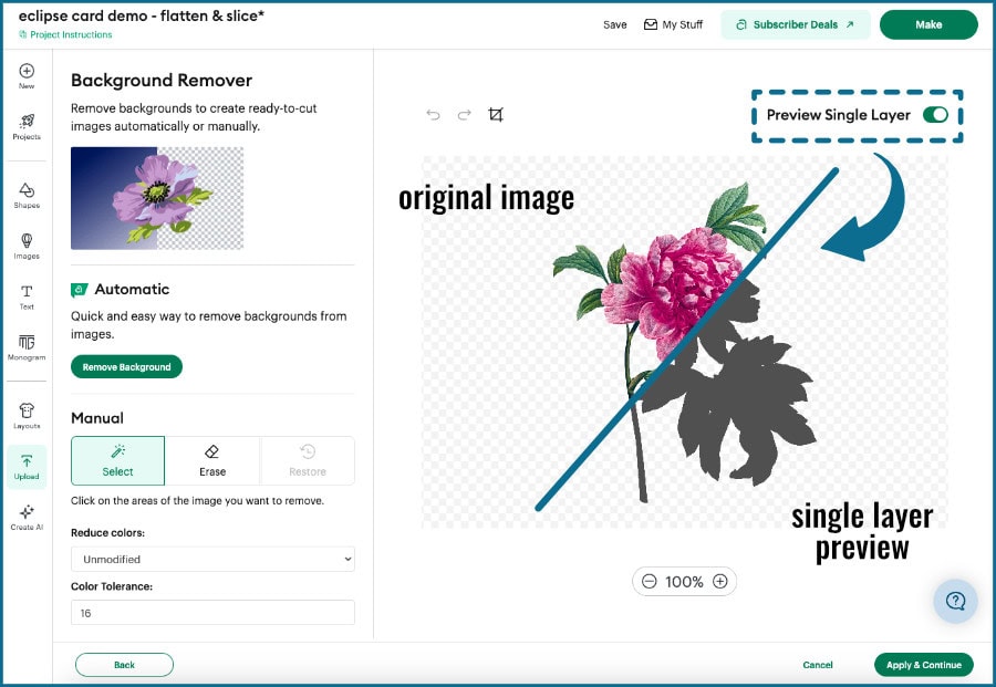 screenshot of a peony png image being uploaded to Design Space, specifically showing the background remover process. During this process, Design Space traces the image and creates a vector cut path, this can be seen by toggling the "preview single image" to on.