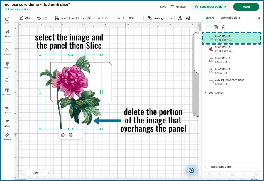 cricut design space screenshot showing the easy method for using a flattened image to create an eclipse card. This is the first step, where an image is resized and placed over a front panel shape, and the image + panel are sliced. The overhanging pieces of the image are then deleted.