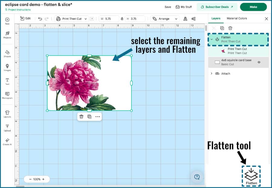 design space screenshot showing Flattening of a sliced image with its base panel to create an eclipse card the easy way
