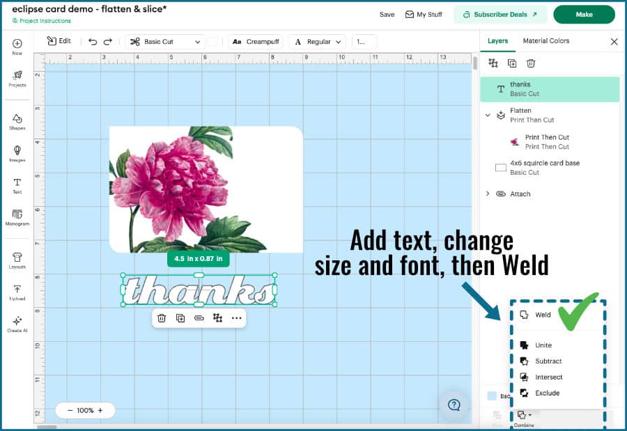 design space screenshot showing how text is added, resized, and welded to add to an image panel to create an eclipse card