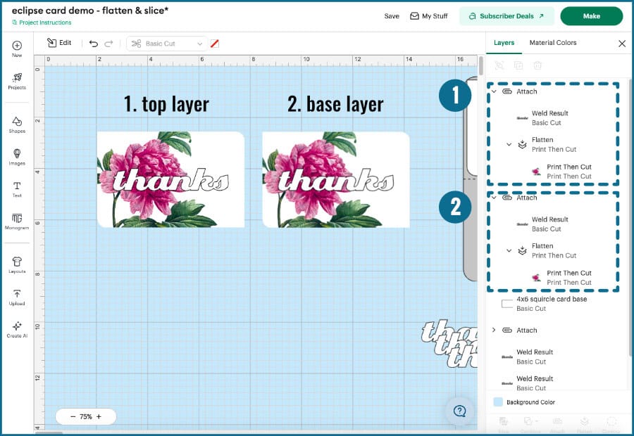 screenshot showing duplication of a flattened image panel (peony png on a white squircle) + text (thanks in a script font). The 2 copies of this panel will be used to create the base panel and top printed text for an eclipse card