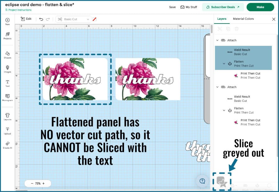 screenshot showing that you cannot use the Slice tool to cut text out of a flattened image. The Slice tool is greyed out when text + image are selected.