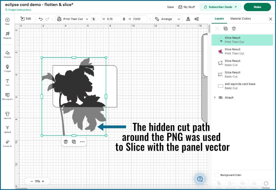 screenshot showing how the front panel vector was not sliced with a bitmap image/the png, it was actually sliced with the hidden cut path created during the upload process to Design Space.