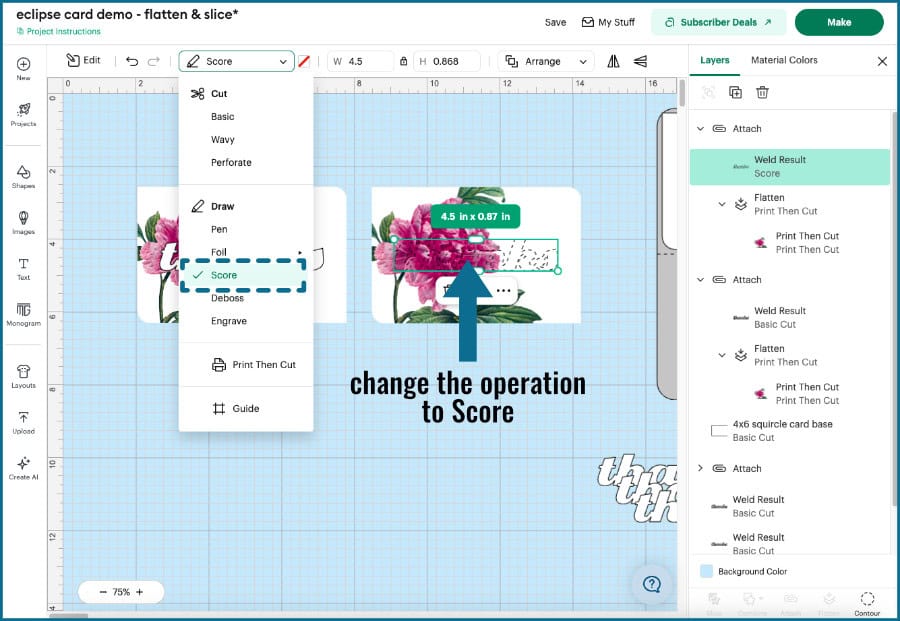 design space screenshot showing creation of the base panel for an eclipse card, by changing the text Operation to Score to create a guide for spacer text to be glued on top.
