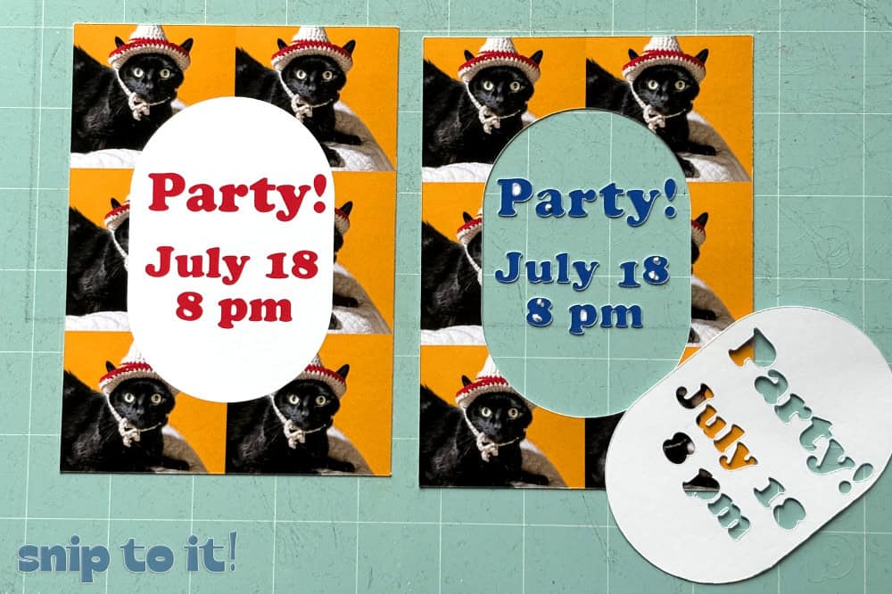 side by side images of simple invitations made with Cricut Print Then Cut. The image on the left shows a completed invitation made up of images, shapes and text printed and cut as single object made using the Flatten tool. The image on the right shows the same design made using the Attach tool, and as a result Design Space has retained the cut instruction for all of the text and shapes contained within the design.